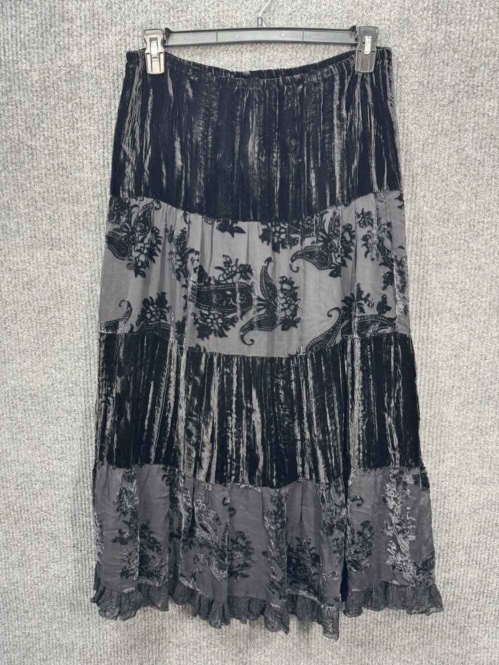 Chicos Burnout Velvet Skirt Womens 0/Small Black Maxi Silk Blend Whimsigoth Goth